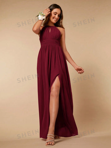 Solid Split Thigh Halter Bridesmaid Dress