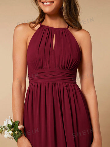 Solid Split Thigh Halter Bridesmaid Dress