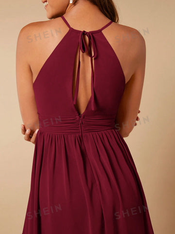 Solid Split Thigh Halter Bridesmaid Dress