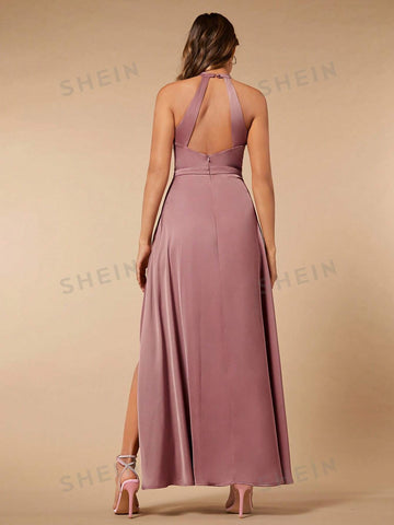 Solid Split Thigh Halter Neck Backless Satin Bridesmaid Dress