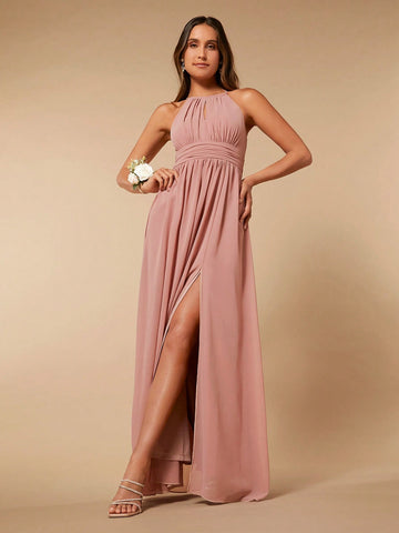 Solid Split Thigh Halter Neck Bridesmaid Dress