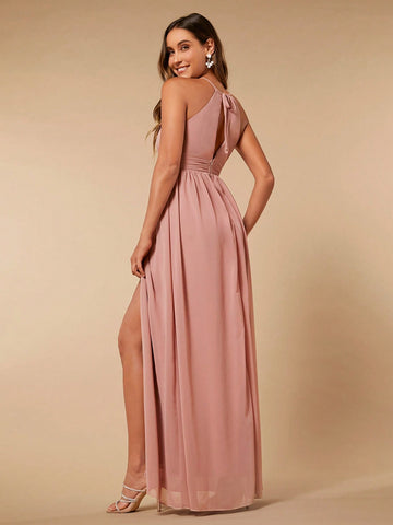 Solid Split Thigh Halter Neck Bridesmaid Dress