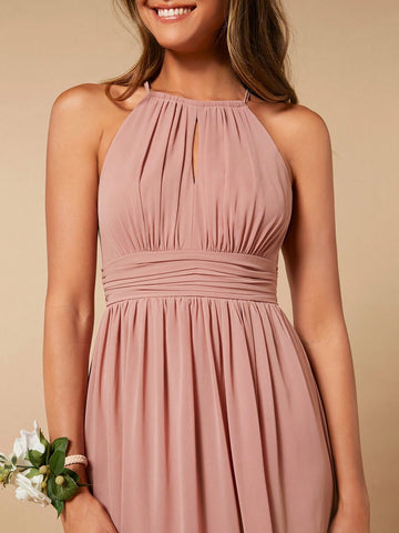 Solid Split Thigh Halter Neck Bridesmaid Dress