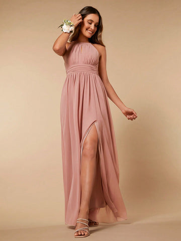 Solid Split Thigh Halter Neck Bridesmaid Dress