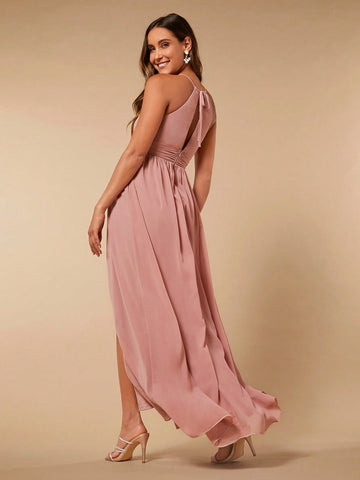 Solid Split Thigh Halter Neck Bridesmaid Dress