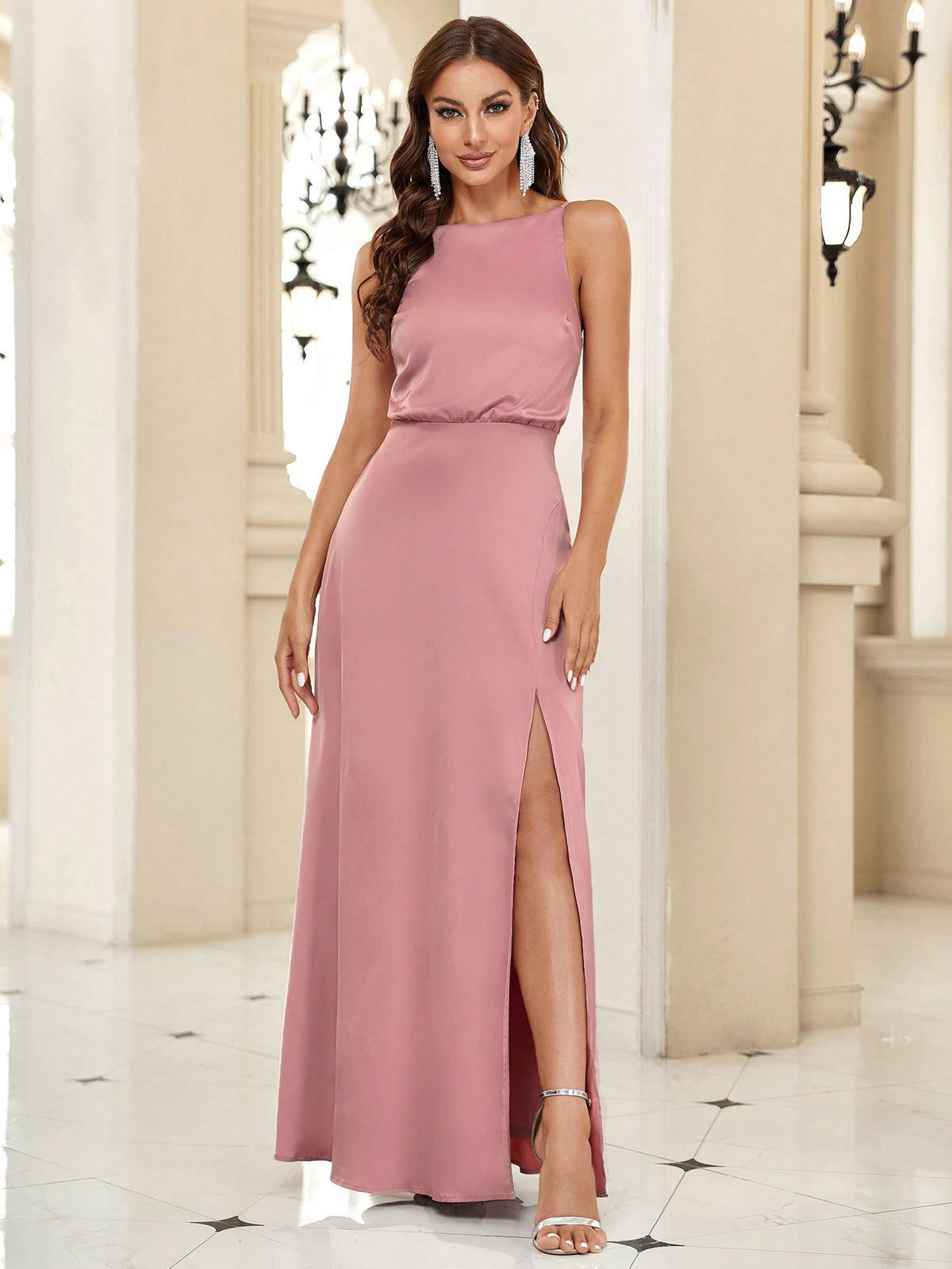 Belle Solid Split Thigh Satin Bridesmaid Dress