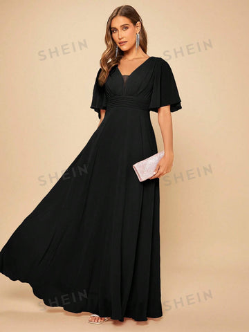 Solid V Neck Butterfly Sleeve Bridesmaid Dress