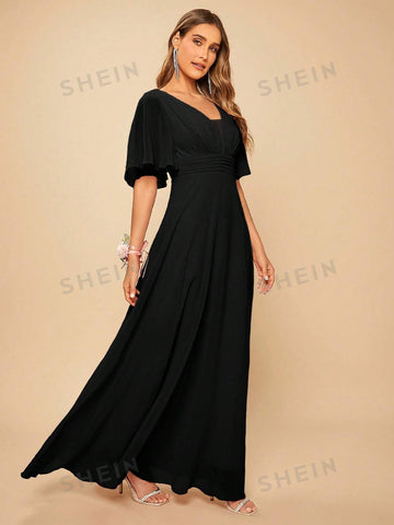 Solid V Neck Butterfly Sleeve Bridesmaid Dress