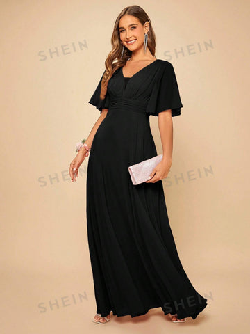 Solid V Neck Butterfly Sleeve Bridesmaid Dress