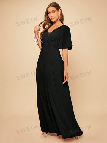 Solid V Neck Butterfly Sleeve Bridesmaid Dress