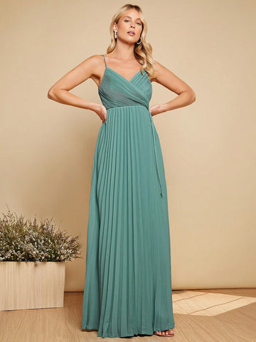 Belle Solid Wrap Detail Pleated Hem Cami Bridesmaid Dress