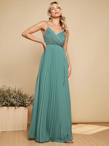 Belle Solid Wrap Detail Pleated Hem Cami Bridesmaid Dress