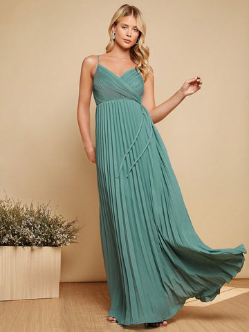Belle Solid Wrap Detail Pleated Hem Cami Bridesmaid Dress