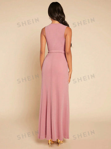 Solid Wrap Hem Belted Bridesmaid Dress