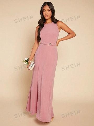 Solid Wrap Hem Belted Bridesmaid Dress