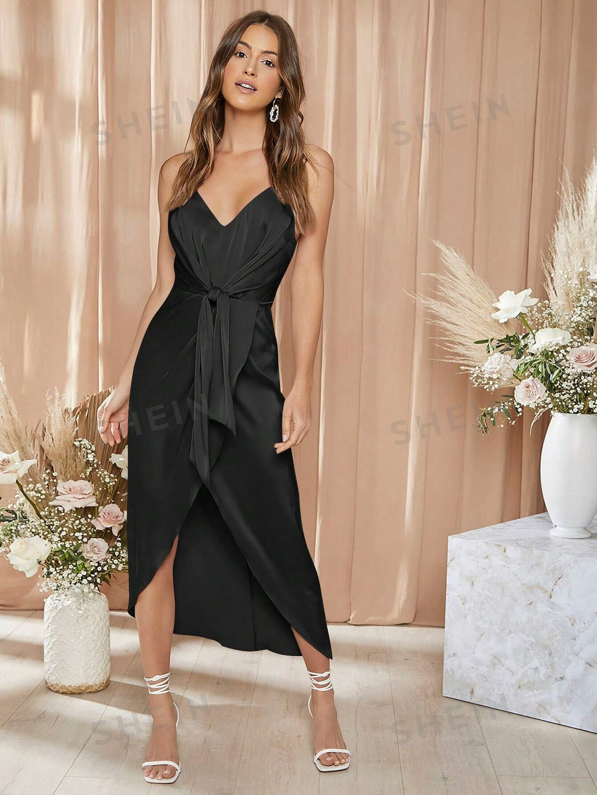 Solid Wrap Hem Satin Cami Bridesmaid Dress