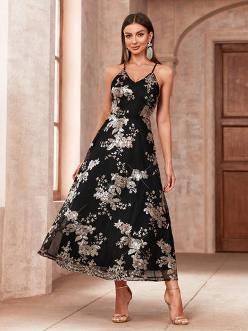Sparkly Flower Pattern Casual Spaghetti Strap Party Dress