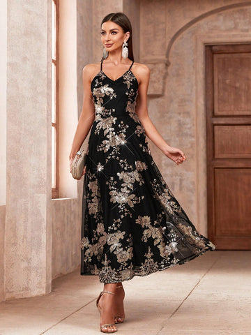 Sparkly Flower Pattern Casual Spaghetti Strap Party Dress