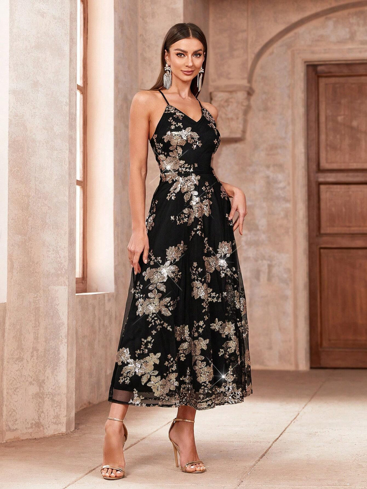 Sparkly Flower Pattern Casual Spaghetti Strap Party Dress