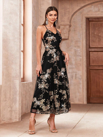 Sparkly Flower Pattern Casual Spaghetti Strap Party Dress
