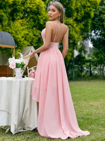 Sparkly Sequin Detailing Front Short, Back Long Bridesmaid Dress