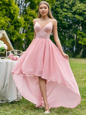 Sparkly Sequin Detailing Front Short, Back Long Bridesmaid Dress