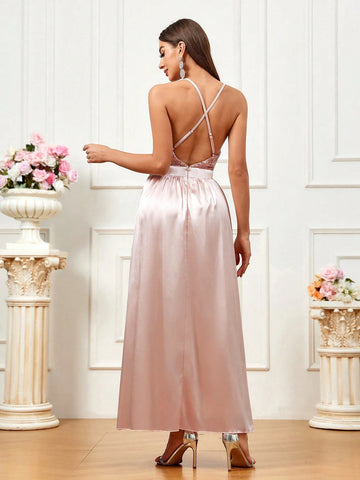 Sparkly Slit Elegant And Stylish Banquet Matching Bridesmaid Dress With Straps