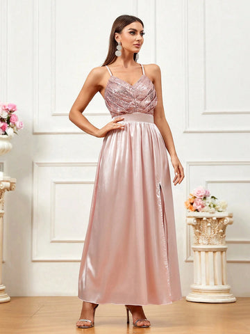 Sparkly Slit Elegant And Stylish Banquet Matching Bridesmaid Dress With Straps