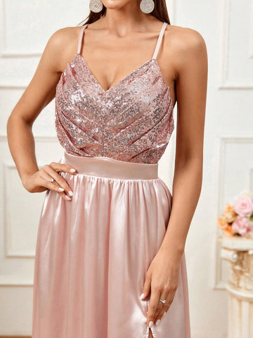 Sparkly Slit Elegant And Stylish Banquet Matching Bridesmaid Dress With Straps