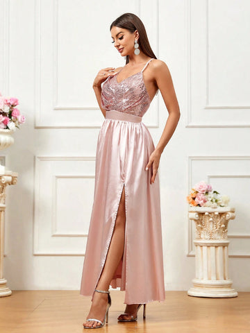 Sparkly Slit Elegant And Stylish Banquet Matching Bridesmaid Dress With Straps