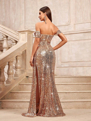 Sparkly Strapless Off Shoulder Sleeve Ruched High Waist Cascading Ruffle High Slit Long Prom Dress