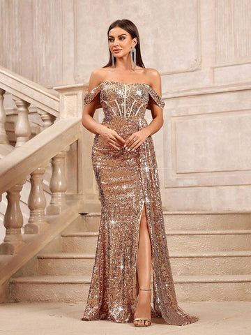 Sparkly Strapless Off Shoulder Sleeve Ruched High Waist Cascading Ruffle High Slit Long Prom Dress