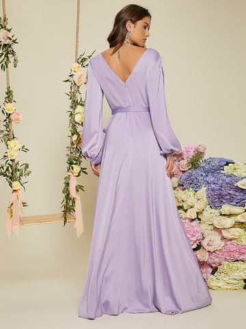 Split Lantern Sleeve Surplice Neck Split Thigh Belted Maxi Bridesmaid Dress