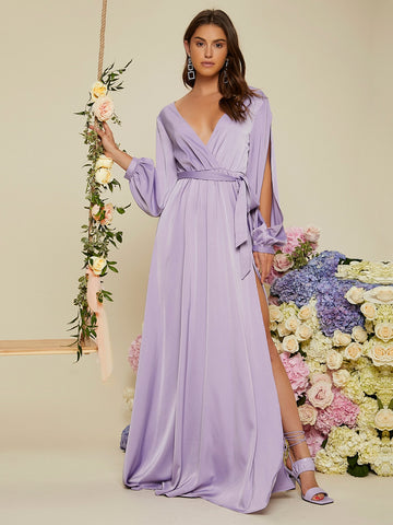 Split Lantern Sleeve Surplice Neck Split Thigh Belted Maxi Bridesmaid Dress