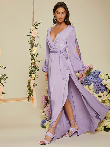 Split Lantern Sleeve Surplice Neck Split Thigh Belted Maxi Bridesmaid Dress