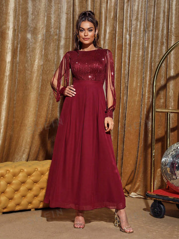 Split Sleeve Sequin Bodice Bridesmaid Dress