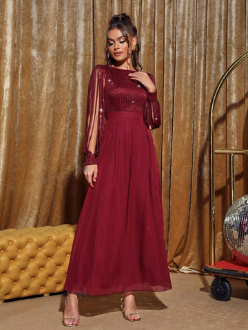 Split Sleeve Sequin Bodice Bridesmaid Dress