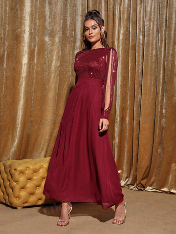 Split Sleeve Sequin Bodice Bridesmaid Dress