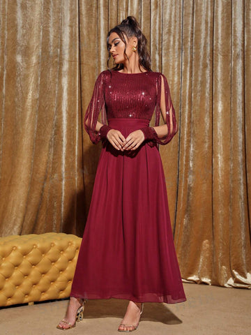 Split Sleeve Sequin Bodice Bridesmaid Dress