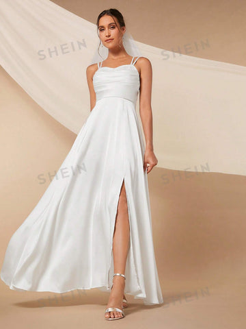 Split Thigh Cami Wedding Dress Without Veil