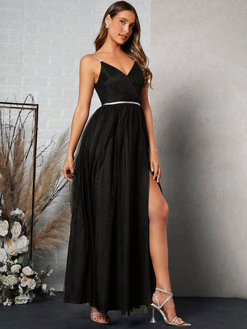 Belle Split Thigh Mesh Cami Party Dress