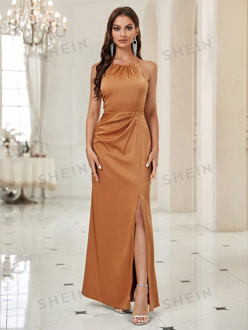 Split Thigh Ruched Halter Neck Backless Dress