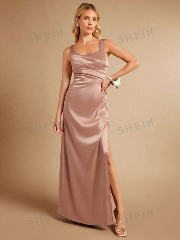 Split Thigh Satin Bridesmaid Dress