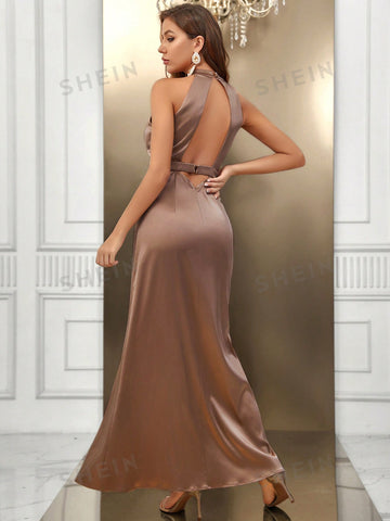 Split Thigh Satin Halter Neck Backless Dress