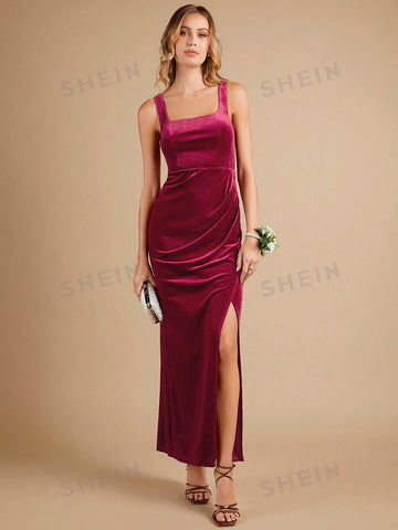 Split Thigh Velvet Solid Bridesmaid Dress