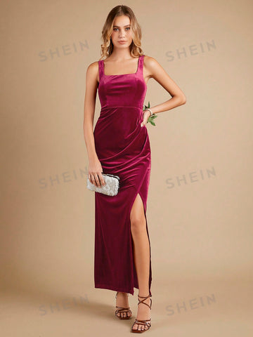 Split Thigh Velvet Solid Bridesmaid Dress