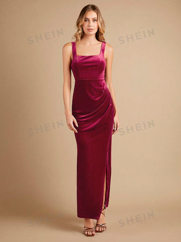 Split Thigh Velvet Solid Bridesmaid Dress