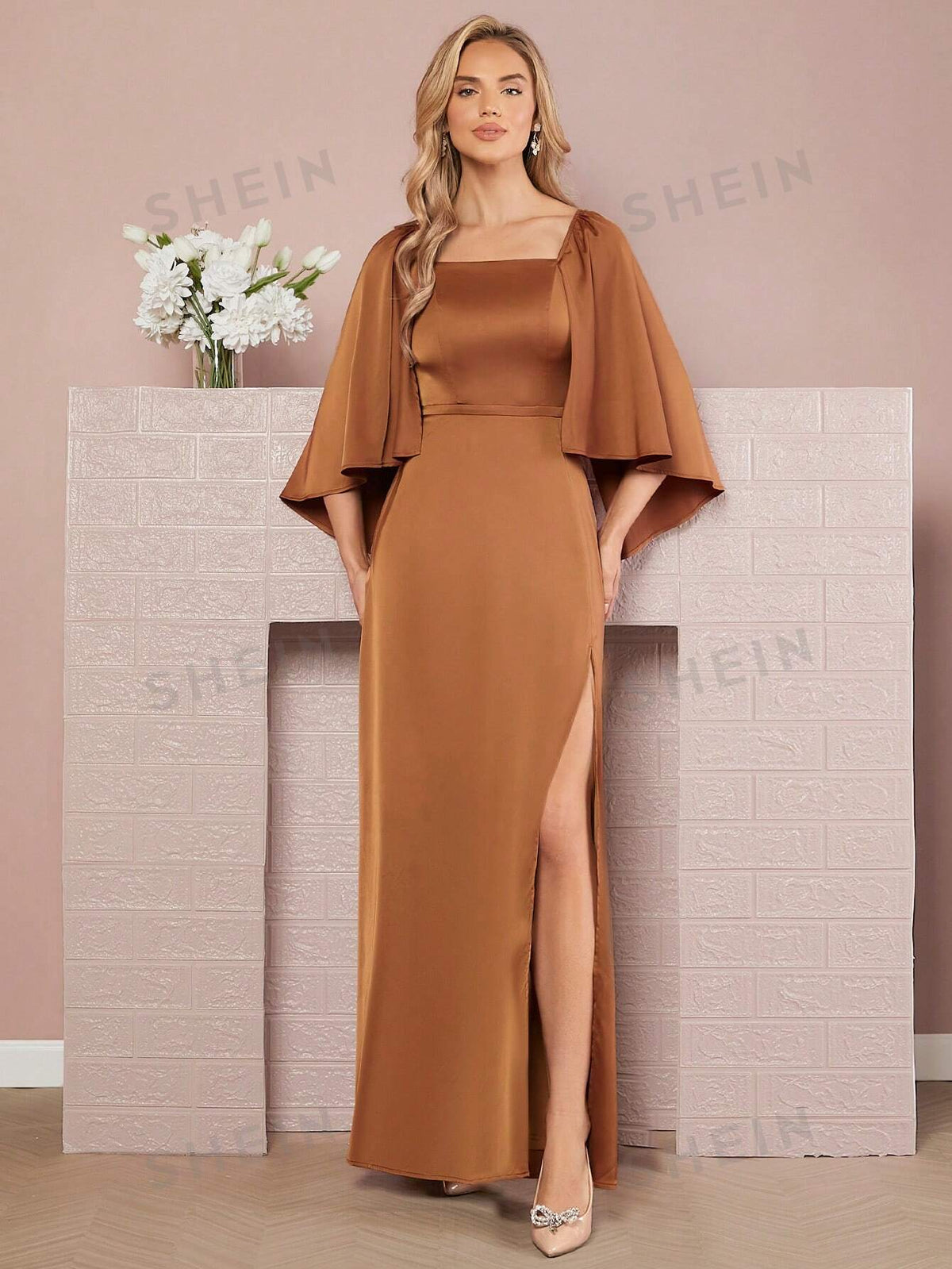Square Neck Cloak Sleeve Split Thigh Satin Formal Dress
