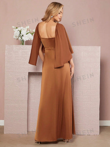 Square Neck Cloak Sleeve Split Thigh Satin Formal Dress
