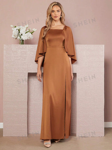 Square Neck Cloak Sleeve Split Thigh Satin Formal Dress